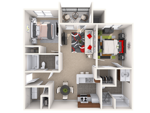 Floor plan for 2 beds, 2 baths, 1000 sqft